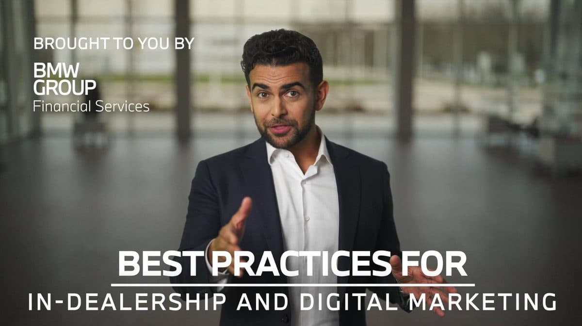 Still from the BMW Group Financial Services internal training film: a presenter introduces 'Best Practices for In-Dealership and Digital Marketing'