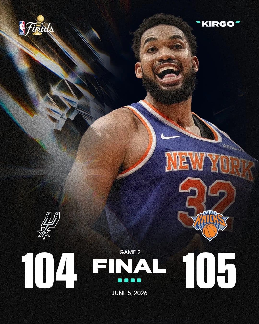 Kirgo NBA Finals score graphic — Knicks 105, Spurs 104